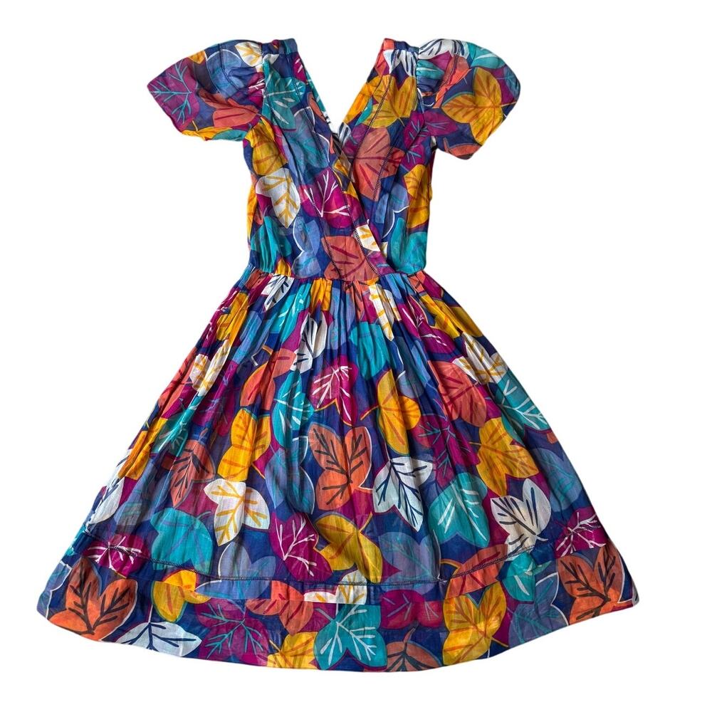 Vintage | Bright Color Floral V-Neck Sheer Dress | Size Small